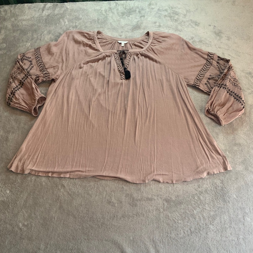 Lucky Brand Women 1X Mauve Embroidered Tassel Peasant Blouse Boho Top
